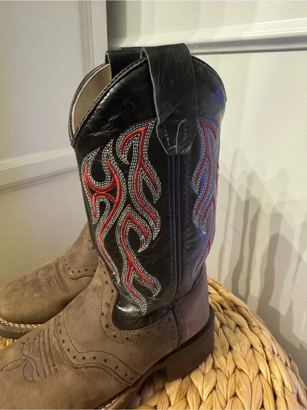 Kids Brown Cowboy Boots with Red & Blue Stitching
